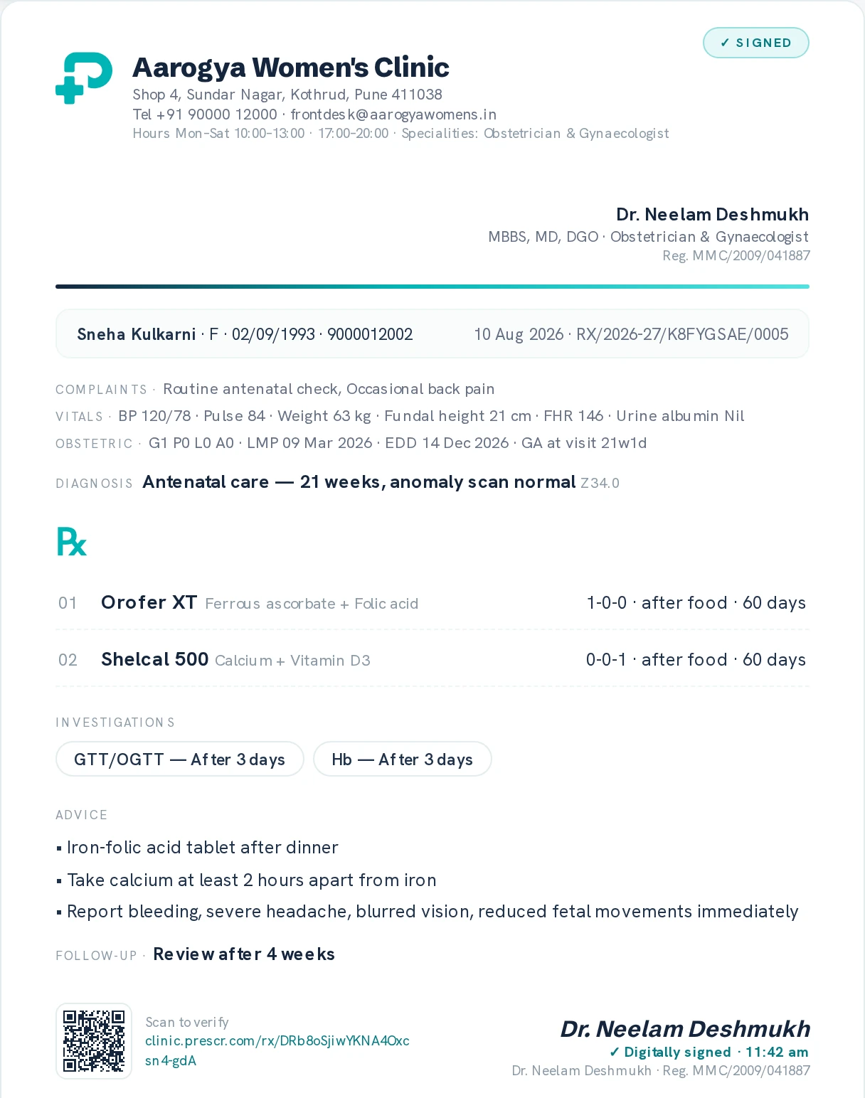 A signed Prescr prescription on the clinic's letterhead: clinic name, address and the doctor's registration number, then the patient line, complaints, vitals, obstetric summary, a diagnosis carrying its ICD code, two numbered medicines with dose patterns, investigations, advice, follow-up date, a QR code to verify the prescription, and the digital signature.